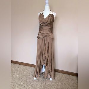 Milano Gown. Brown. Halter neckline. Rhinestone accents. Matching sash/scarf.